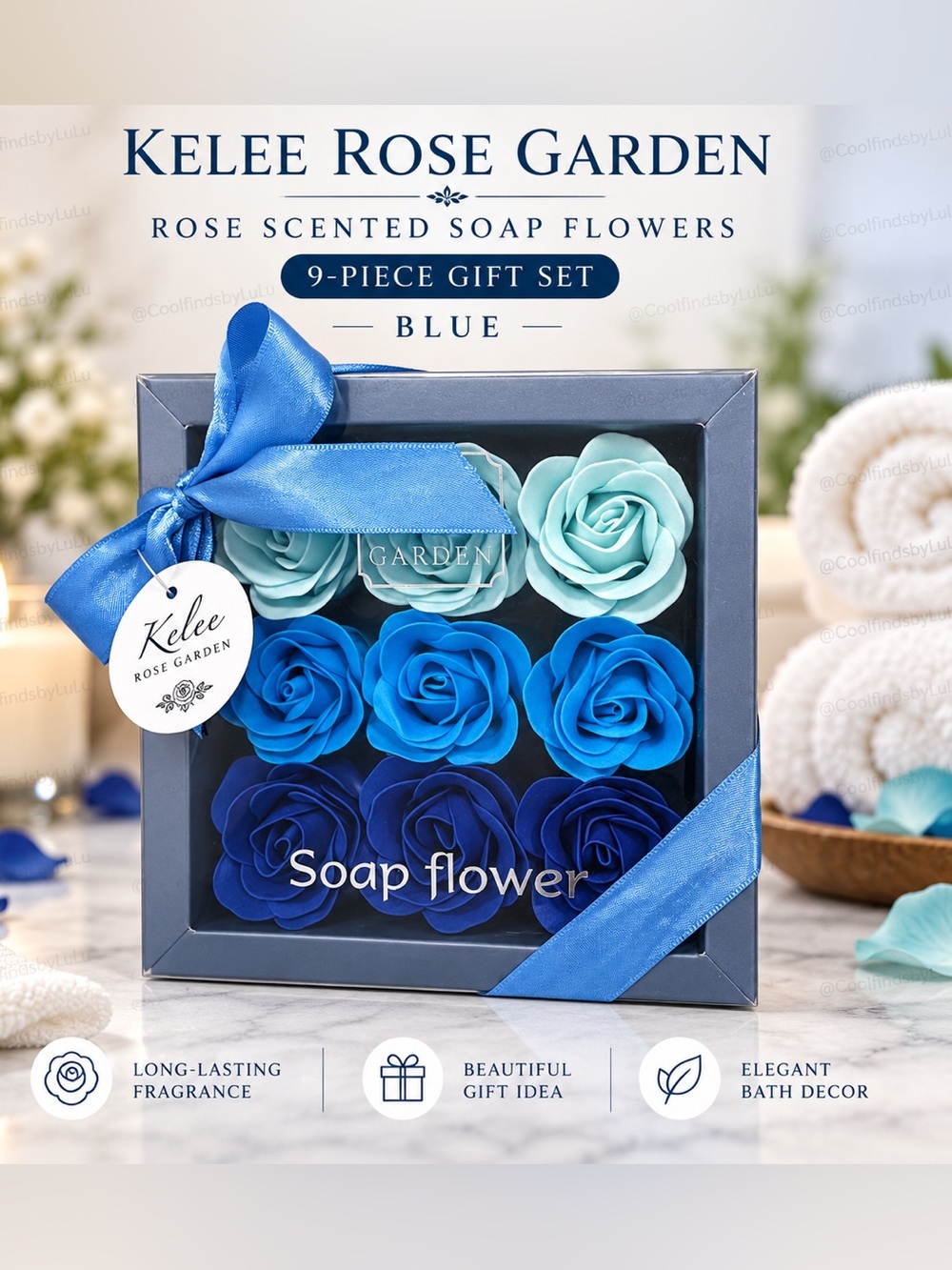 Lee Rose Garden Blue Rose Scented Soap Flowers - 9-Piece Gift Set